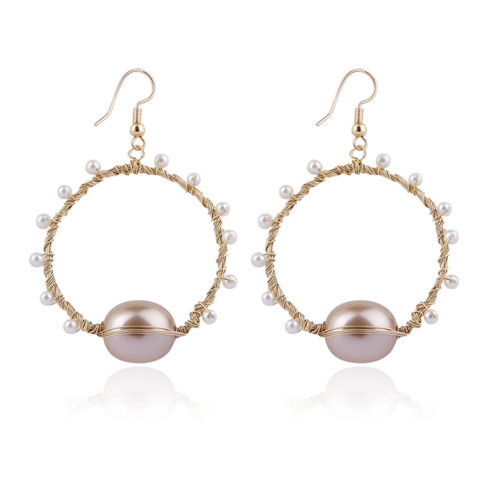 Original Handmade Woven Copper Wire Heart Earrings Natural Shell Pearl Earrings European and American Style Accessories Cross-Border Accessories