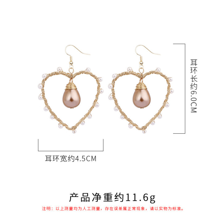 Original Handmade Woven Copper Wire Heart Earrings Natural Shell Pearl Earrings European and American Style Accessories Cross-Border Accessories