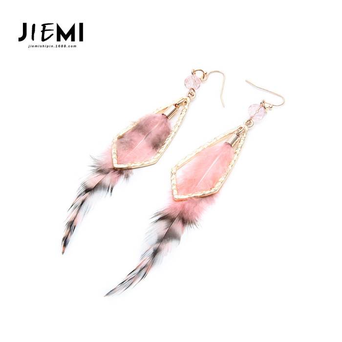 European and American Ethnic Style Asymmetric Feather Earrings Bohemian Retro Elegant Versatile Long Tassel Earrings for Women