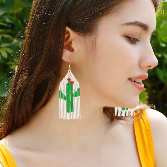 European and American Pastoral Style Plant Succulent Cactus Earrings Bohemian Exaggerated Handmade Beaded Tassel Rice Bead Earrings