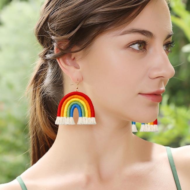 European and American Pastoral Style Bohemian Rainbow Earrings Handmade Woven Personality Exaggerated Niche INS Style Mori Girl Earrings
