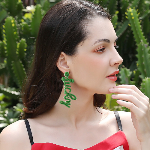 2025 New St. Patrick's Day Earrings Fashionable Personality Simple Letter Lucky Green Rice Bead Earrings