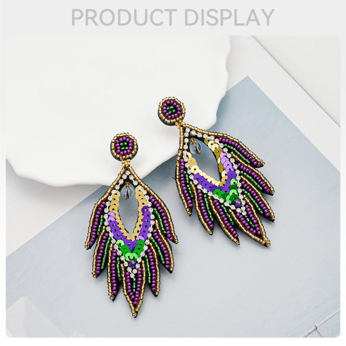 European and American Ethnic Style Carnival Festival Earrings Autumn Winter High-end Fashion Handmade Rice Beads Feather Exaggerated Earrings for Women