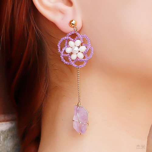 European and American High-End Natural Crystal Earrings for Women, Crystal Raw Stone Earrings, Hand-Woven Flower Pendant Pearl Earrings
