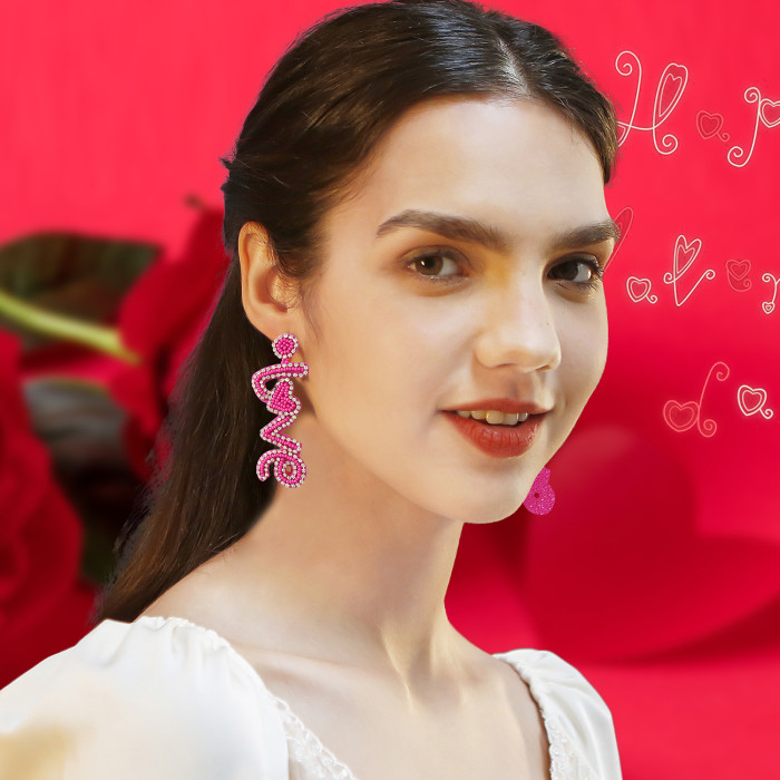 Jamie New Valentine's Day Heart Earrings Handmade Woven Romantic Heart-Shaped High-Quality Seed Bead Red Earrings
