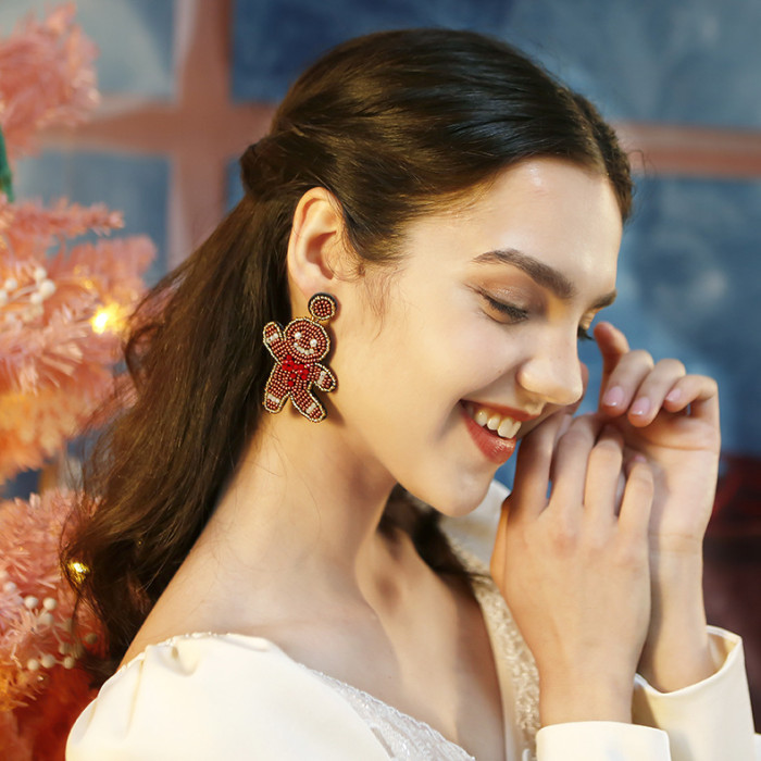 Bohemian Handwoven Bear Earrings Christmas Cartoon Cute Playful Lightweight Niche Seed Bead Earrings
