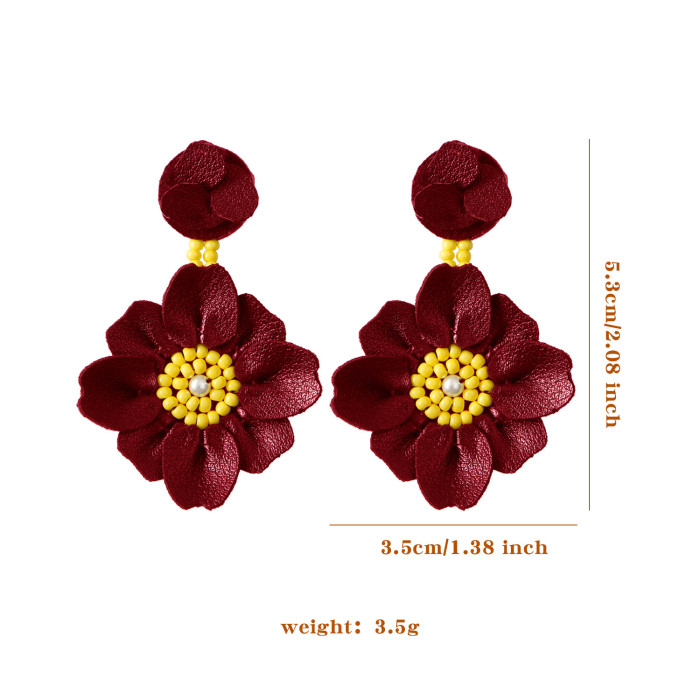 Jamie Bohemian Rice Bead Leather Flower Earrings Camellia Exaggerated Lightweight Design Sense High-end Handmade Ear Jewelry