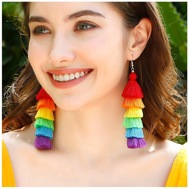 Bohemian Vacation Style Tassel Earrings Colorful Rainbow Retro Long Slimming European and American INS Style Handmade Earrings
