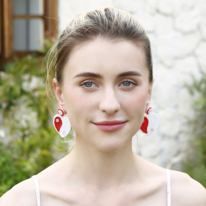 Bohemian Exaggerated Retro Heart-Shaped Ethnic Style Rice Bead Earrings Wholesale Handmade Tassel Heart Valentine's Day Earrings