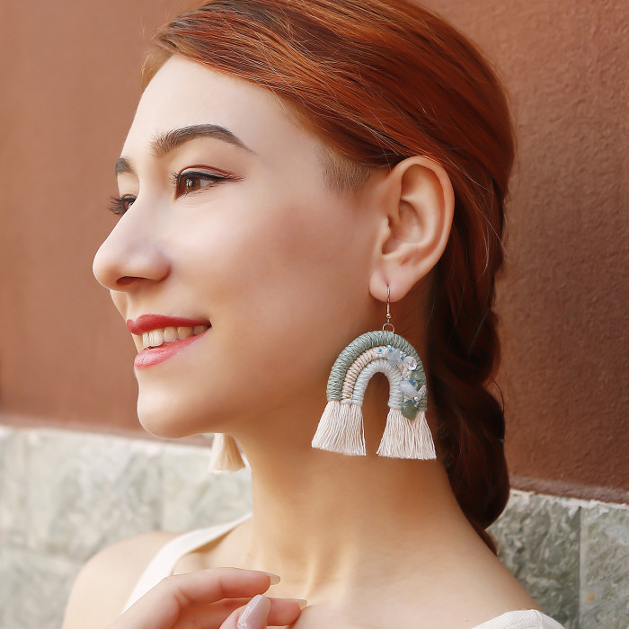 European and American Foreign Trade Handmade Woven Earrings Ethnic Style Retro Exaggerated Crystal Pearl Tassel Rainbow Earrings for Women