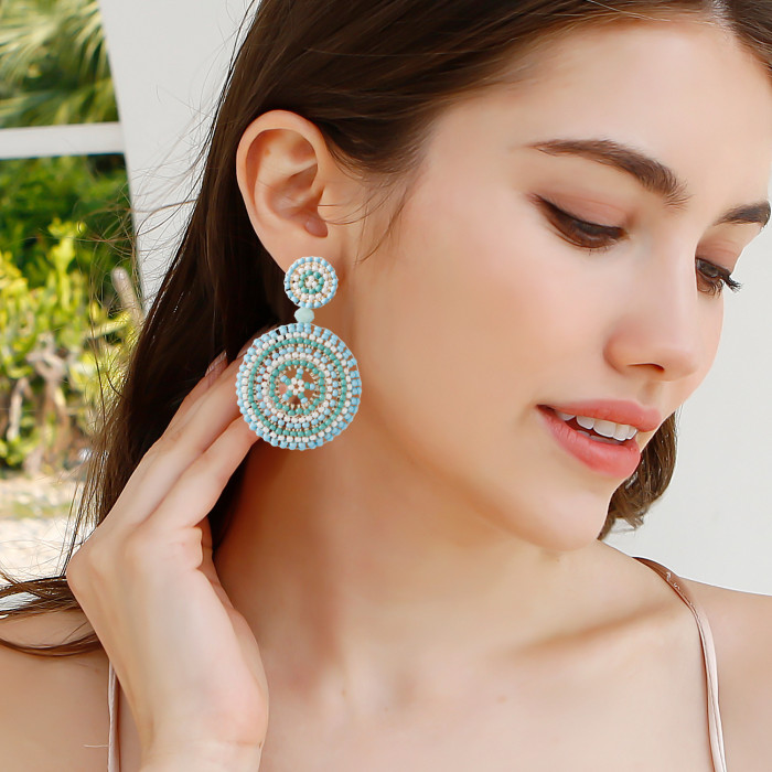 Vintage Ethnic Style Handmade Beaded Rice Bead Earrings Round Sunflower Dopamine Color High-end Earrings Studs