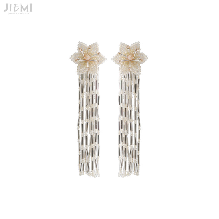 Ethnic Style Handwoven Rice Bead Tassel Earrings Bohemian Long High-end Mother's Day Flower Earrings