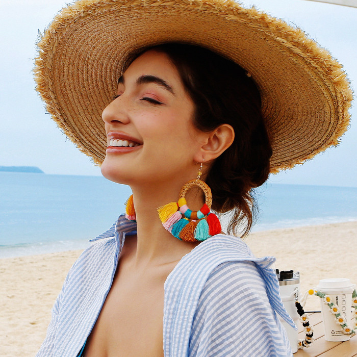 Retro Exaggerated Handmade Woven Circle Bohemian Vacation Style Flowing Colorful Tassel Women's Rattan Earrings