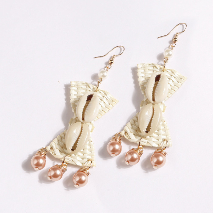 Ocean Wave Bohemian Conch Shell Flower Earrings Vacation Pastoral Style Retro Woven Finished Handmade Earrings