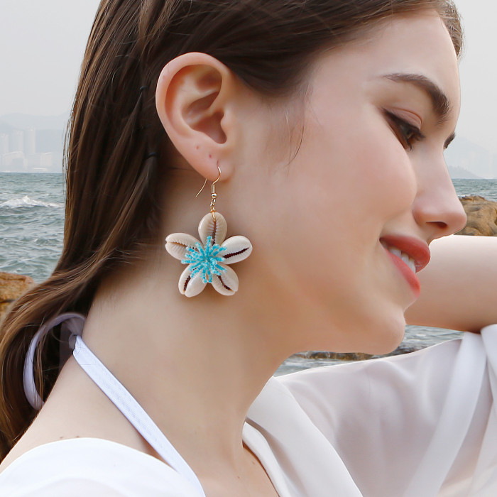 Ocean Wave Bohemian Conch Shell Flower Earrings Vacation Pastoral Style Retro Woven Finished Handmade Earrings
