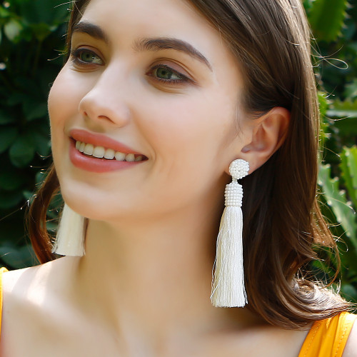 Cross-Border New Bohemian Hand-Woven Rice Bead Earrings Mint Manbo Retro Ethnic Style Tassel Earrings