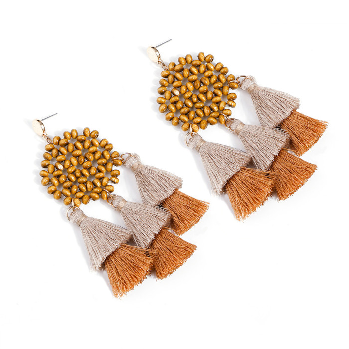 Cross-Border Original Handmade Beaded Hollow Wooden Beads Vintage Earrings European and American Ethnic Style Stainless Steel Ear Studs Tassel Earrings