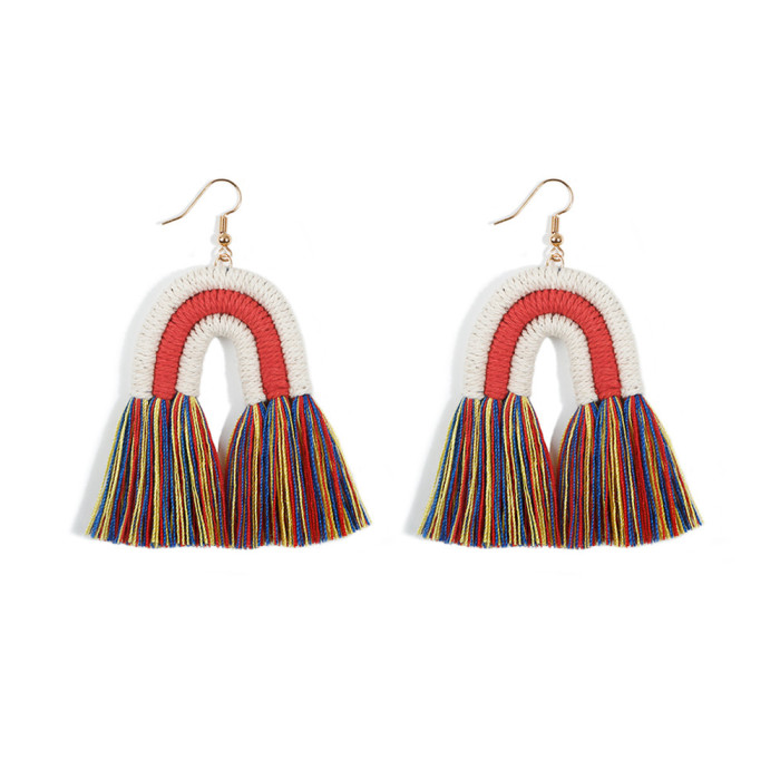 European and American Foreign Trade Handmade Woven Earrings Ethnic Style Retro Exaggerated Crystal Pearl Tassel Rainbow Earrings for Women