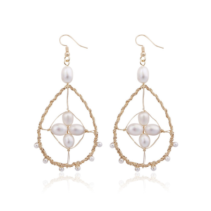 Original Handmade Woven Copper Wire Heart Earrings Natural Shell Pearl Earrings European and American Style Accessories Cross-Border Accessories