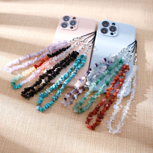 European and American Cross-Border Natural Crystal Phone Lanyard Stone DIY Pink Quartz Crushed Stone Phone Case Ins Portable Chain Creative