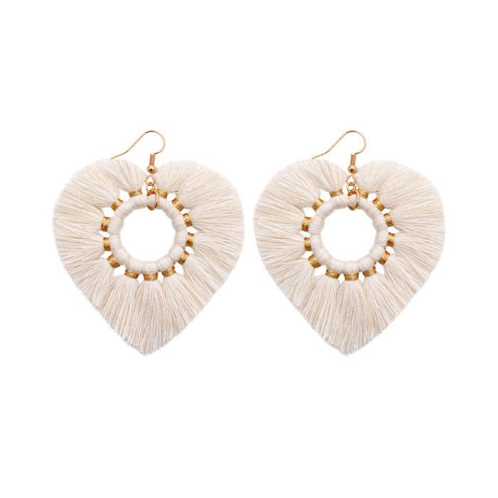 Bohemian Exaggerated Retro Heart-Shaped Ethnic Style Rice Bead Earrings Wholesale Handmade Tassel Heart Valentine's Day Earrings
