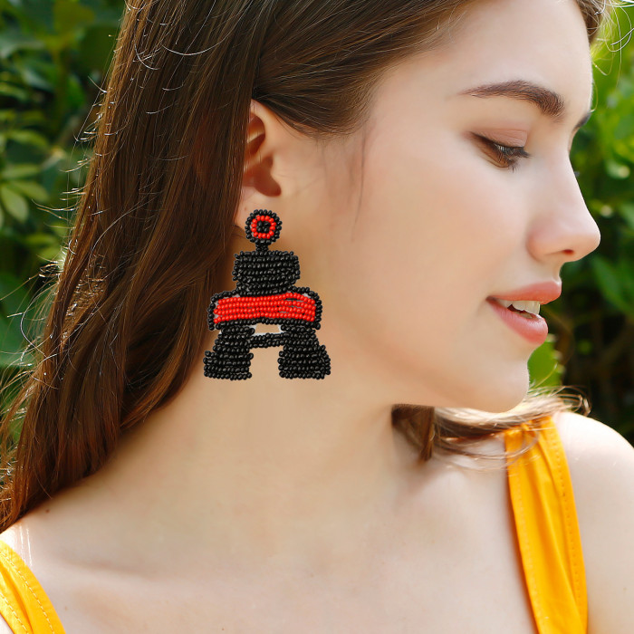 Bohemian Ethnic Style Eiffel Tower Earrings Handmade Beaded Personalized English Letter a Rice Bead Earrings