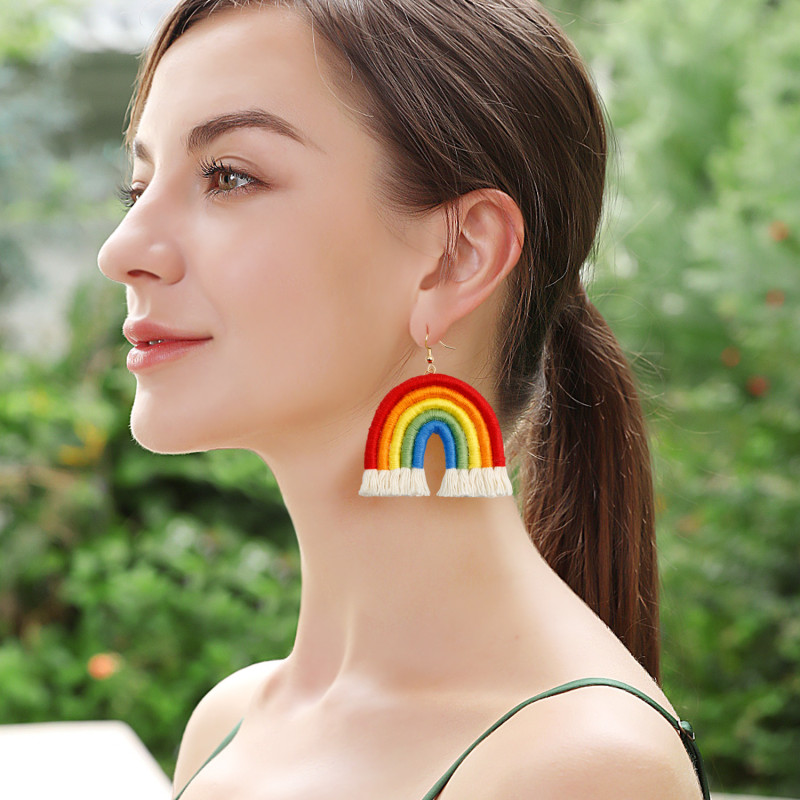 European and American Pastoral Style Bohemian Rainbow Earrings Handmade Woven Personality Exaggerated Niche INS Style Mori Girl Earrings