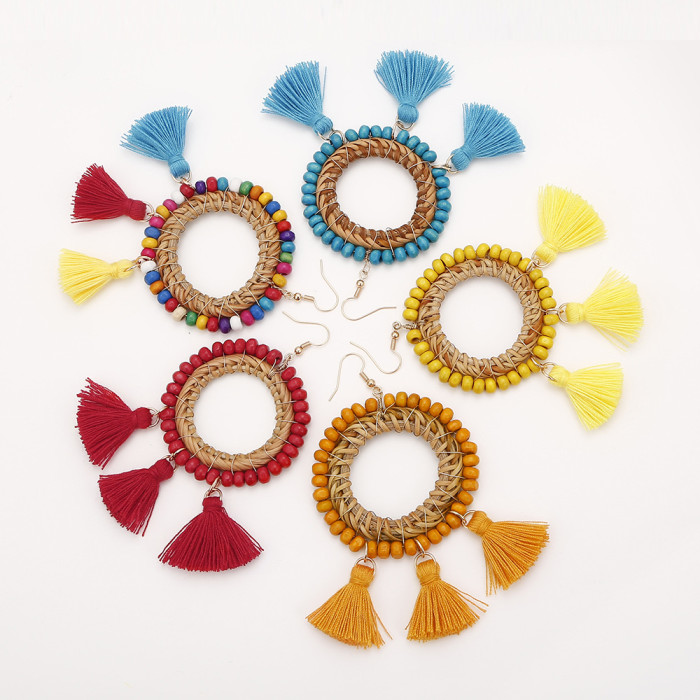 Creative Bohemian Circle Rattan Tassel Earrings DIY Retro Handmade Woven Colorful Bead Earrings