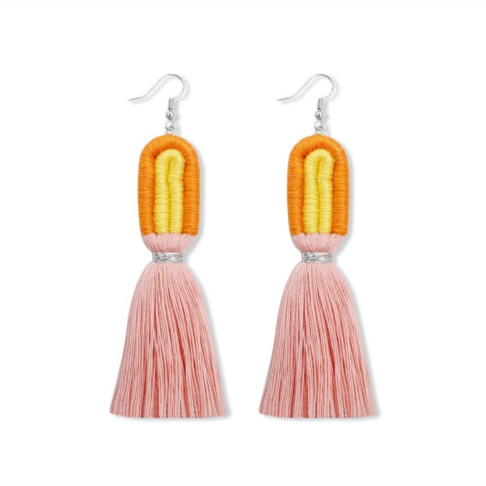 Cross-Border Original Handmade Beaded Hollow Wooden Beads Vintage Earrings European and American Ethnic Style Stainless Steel Ear Studs Tassel Earrings
