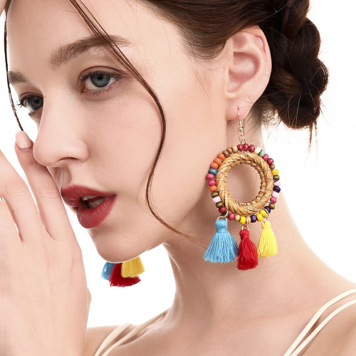Creative Bohemian Circle Rattan Tassel Earrings DIY European and American Retro Handmade Woven Colorful Bead Earrings