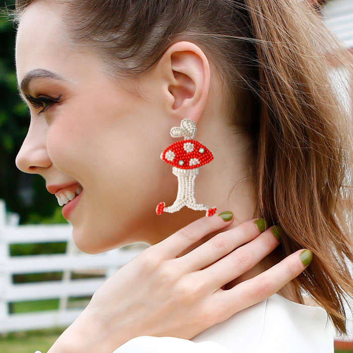 Original Cartoon Mushroom Cute Running Mushroom Earrings Beaded Bohemian Intangible Cultural Heritage Handcrafted Wov...
