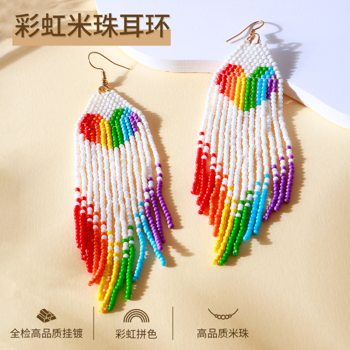 Bohemian Style Handmade Beaded Heart-Shaped Rice Beads High-End Earrings for Women Niche Rainbow Tassel Ear Jewelry