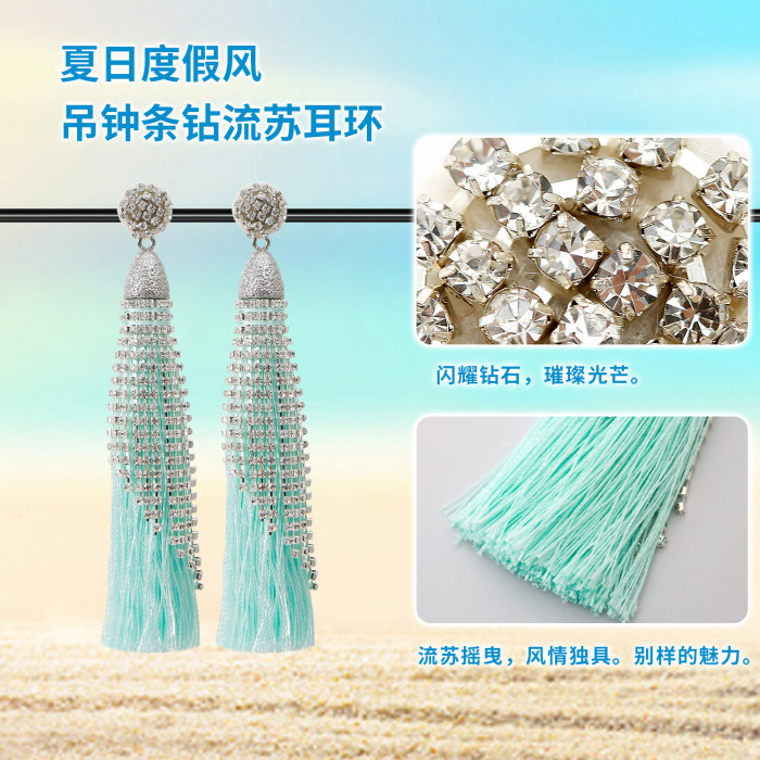 Jamie's New Handmade Woven Summer Vacation Style Shiny Bell Rhinestone Long Flowing Tassel Earrings Wholesale