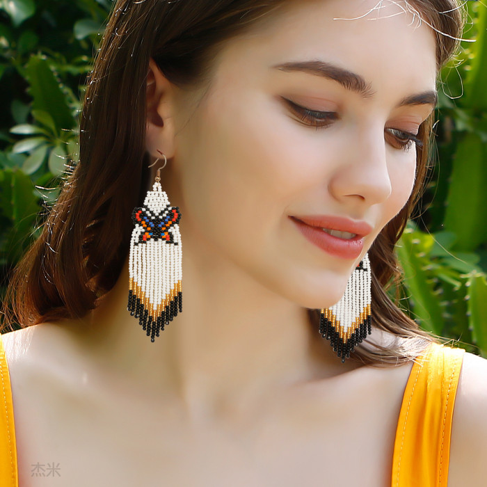 Original High-End Bohemian Vacation Style Handmade Woven Earrings Tassel Light Luxury Fashion Beaded Butterfly Earrings