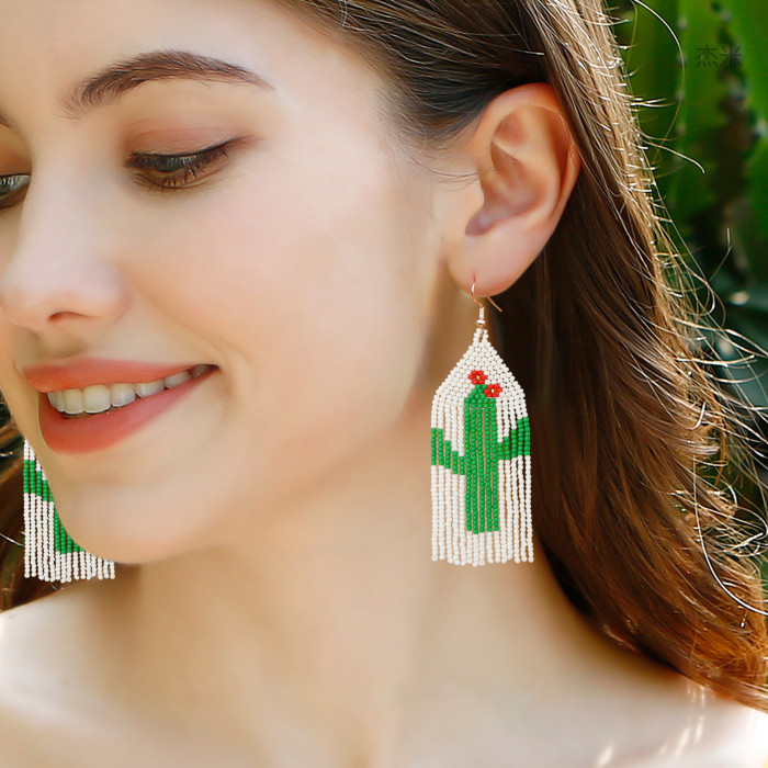 European and American Pastoral Style Plant Succulent Cactus Earrings Bohemian Exaggerated Handmade Beaded Tassel Rice Bead Earrings