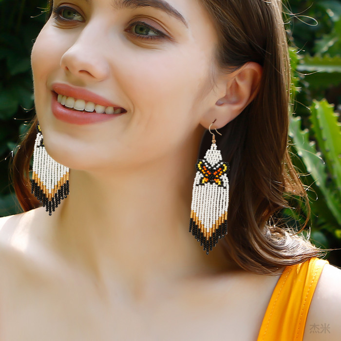 Original High-End Bohemian Vacation Style Handmade Woven Earrings Tassel Light Luxury Fashion Beaded Butterfly Earrings