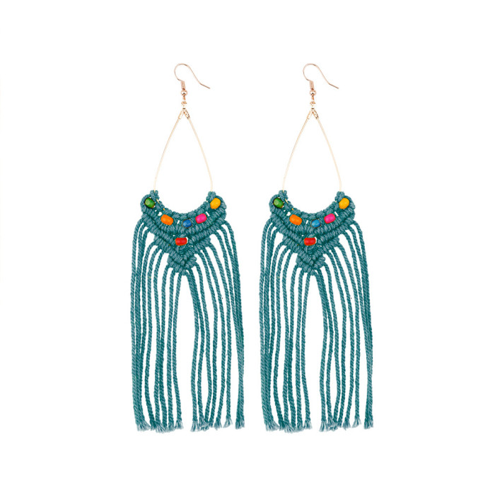 Cross-Border Original Handmade Beaded Hollow Wooden Beads Vintage Earrings European and American Ethnic Style Stainless Steel Ear Studs Tassel Earrings