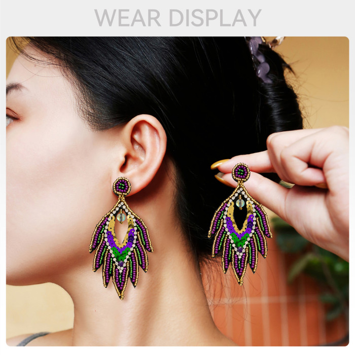 European and American Ethnic Style Carnival Festival Earrings Autumn Winter High-end Fashion Handmade Rice Beads Feather Exaggerated Earrings for Women