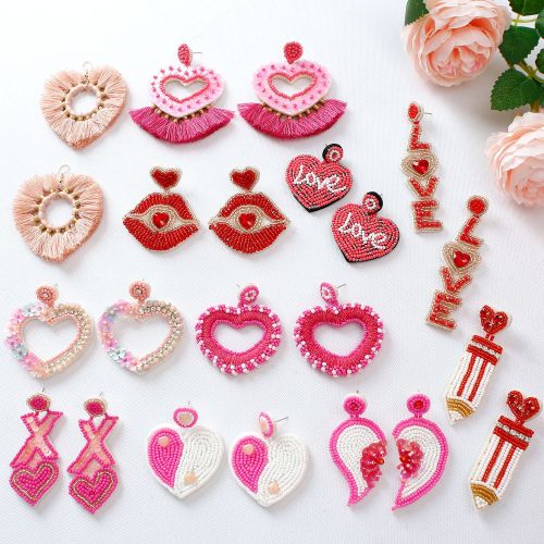 Bohemian Exaggerated Retro Heart-Shaped Ethnic Style Rice Bead Earrings Wholesale Handmade Tassel Heart Valentine's Day Earrings