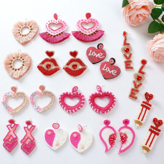 Bohemian Exaggerated Retro Heart-Shaped Ethnic Style Rice Bead Earrings Wholesale Handmade Tassel Heart Valentine's Day Earrings