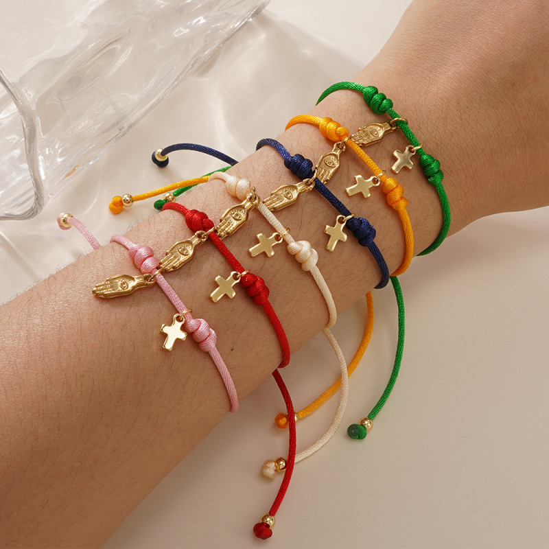 2025 New Multi-color Woven Bracelet for Women with Cross Palm Pendant Fashion Niche Best Friend Couple Bracelet Wholesale