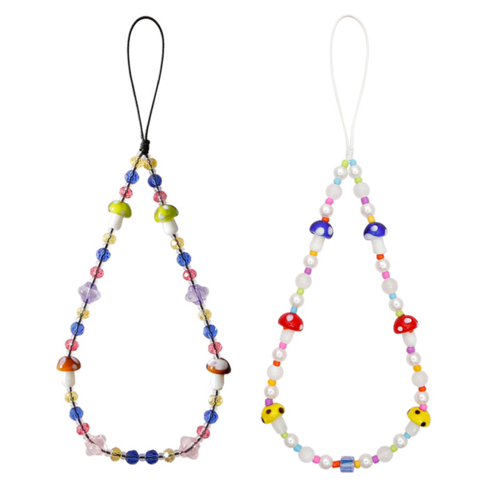 Hot Selling Internet Celebrity Beaded Mushroom Phone Chain Anti-Lost Anti-Drop Cute Sweet Short Colorful Phone Lanyard for Women