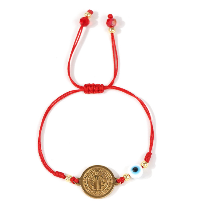Handmade New Red Rope Bracelet Lns Style Gold Beads Cross Demon Eye Religious Artistic Bracelet