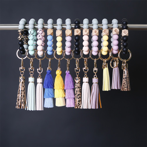 Leather PU Tassel Silicone Beaded Wrist Keychain Wholesale Portable Cross-Border Bracelet Car Keychain Trendy