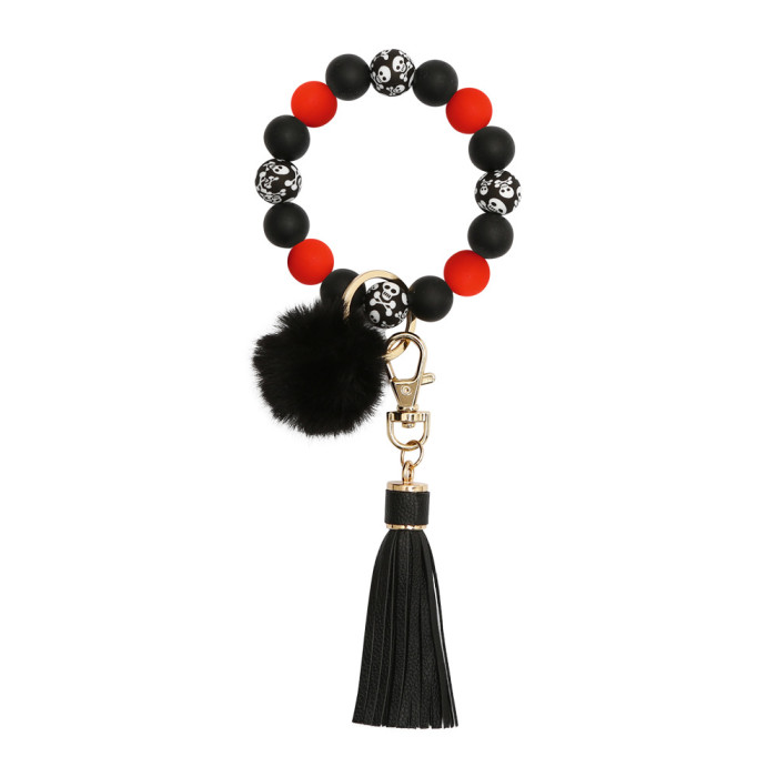 Leather PU Tassel Silicone Beaded Wrist Keychain Wholesale Portable Cross-Border Bracelet Car Keychain Trendy
