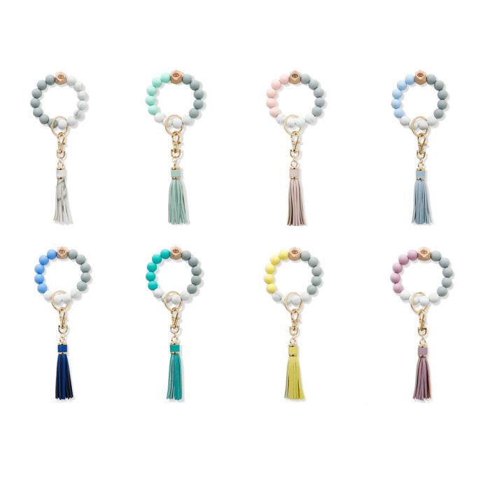 Leather PU Tassel Silicone Beaded Wrist Keychain Wholesale Portable Cross-Border Bracelet Car Keychain Trendy