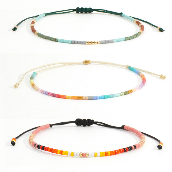 Summer Hot-Selling Adjustable Rainbow Bead Bracelet Multi-Color Bead String + Elegant Gold Bead Fresh Forest Style Set