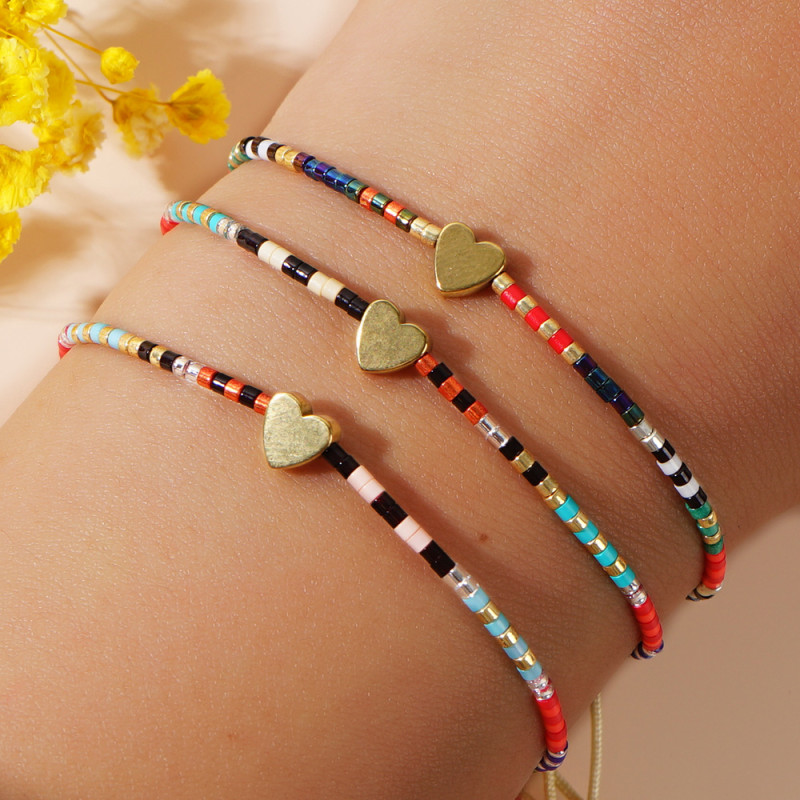 Striped Beaded Braided Thin Bracelet Summer Daily Commuting Women's Heart Charm Niche Simple Colorful Bracelet