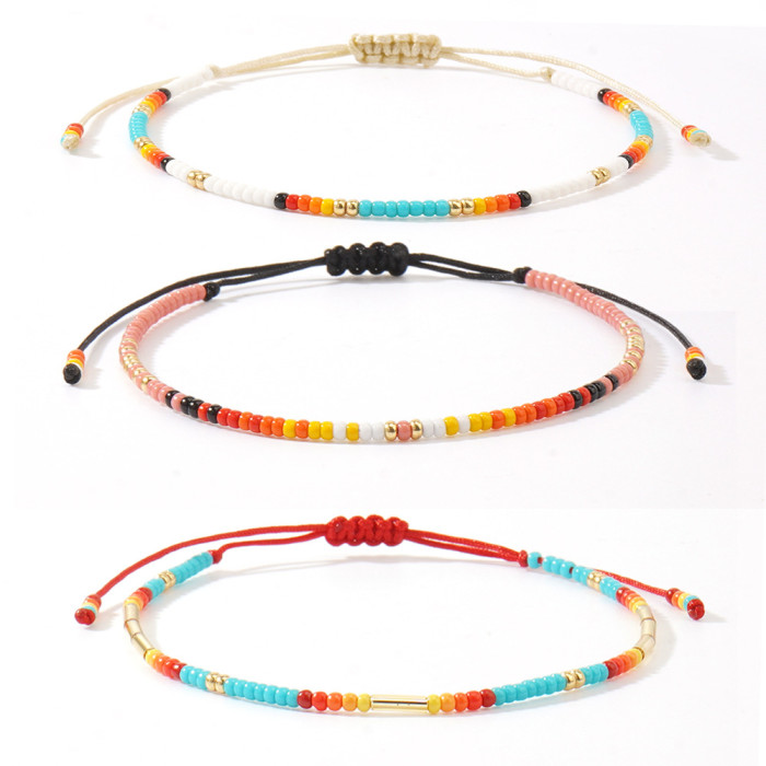 Summer Hot-Selling Adjustable Rainbow Bead Bracelet Multi-Color Bead String + Elegant Gold Bead Fresh Forest Style Set