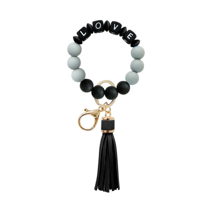 Amazon European and American Hot-Selling Silicone Wrist Keychain Handmade Beaded Leather Tassel Bracelet Keychain Wholesale